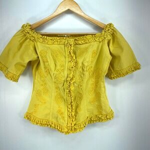 Gretty Zueger Yellow Cotton Embroidered Ruffle Short Sleeve Top‎ Womens Medium